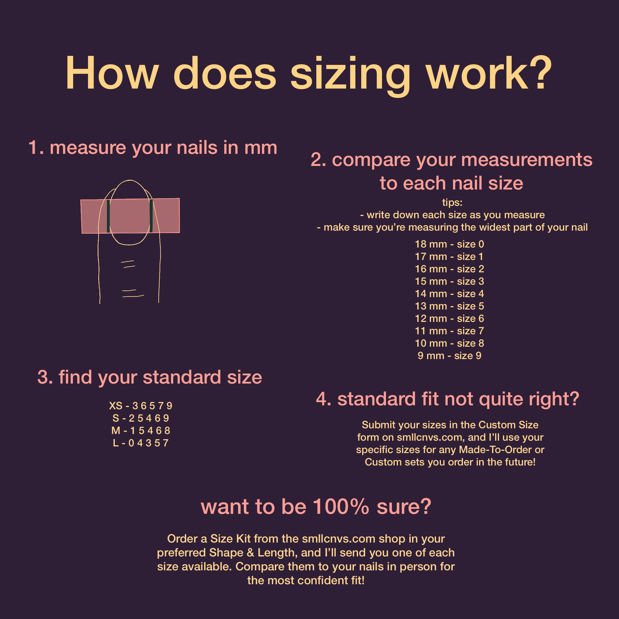smll cnvs sizing guide — how to measure your nails in mm, compare to nail sizes 0-9, and find your XS/S/M/L standard size