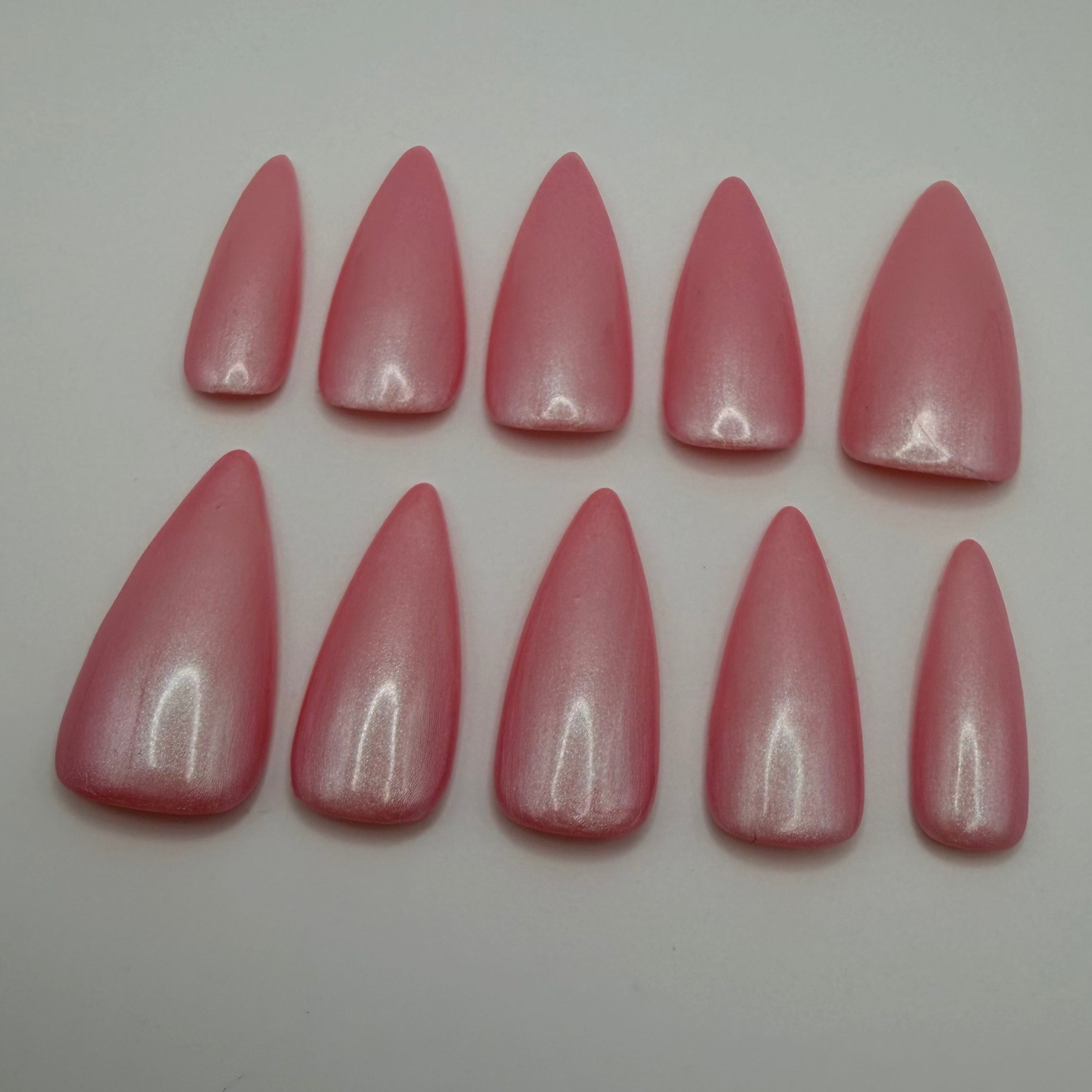 Cloud Nine press-on nails featuring Holo Taco's rosy pink pearly iridescent shimmer polish, painted by smll cnvs