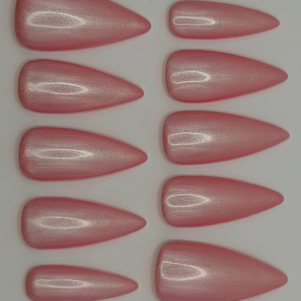 Cloud Nine press-on nails featuring Holo Taco's rosy pink pearly iridescent shimmer polish, painted by smll cnvs