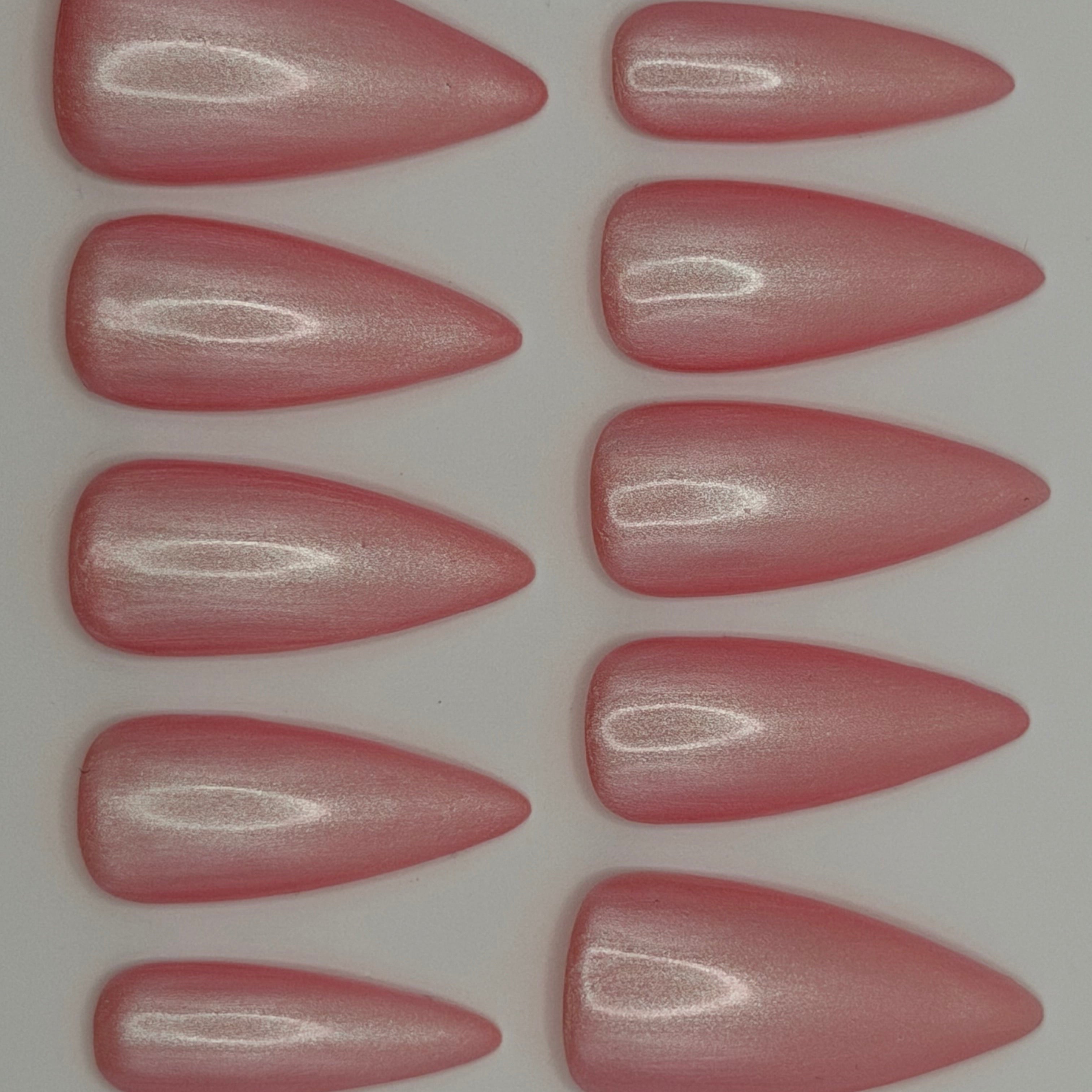 Cloud Nine press-on nails featuring Holo Taco's rosy pink pearly iridescent shimmer polish, painted by smll cnvs