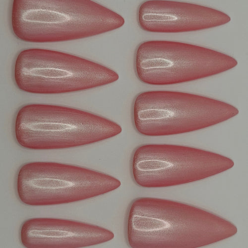 Cloud Nine press-on nails featuring Holo Taco's rosy pink pearly iridescent shimmer polish, painted by smll cnvs