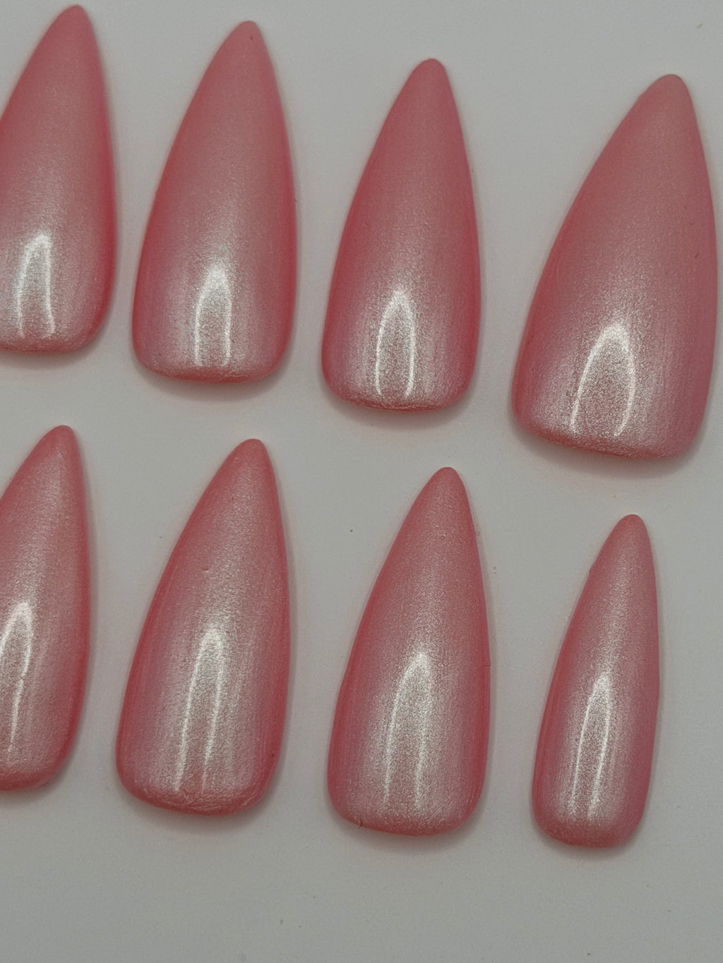 Cloud Nine press-on nails featuring Holo Taco's rosy pink pearly iridescent shimmer polish, painted by smll cnvs