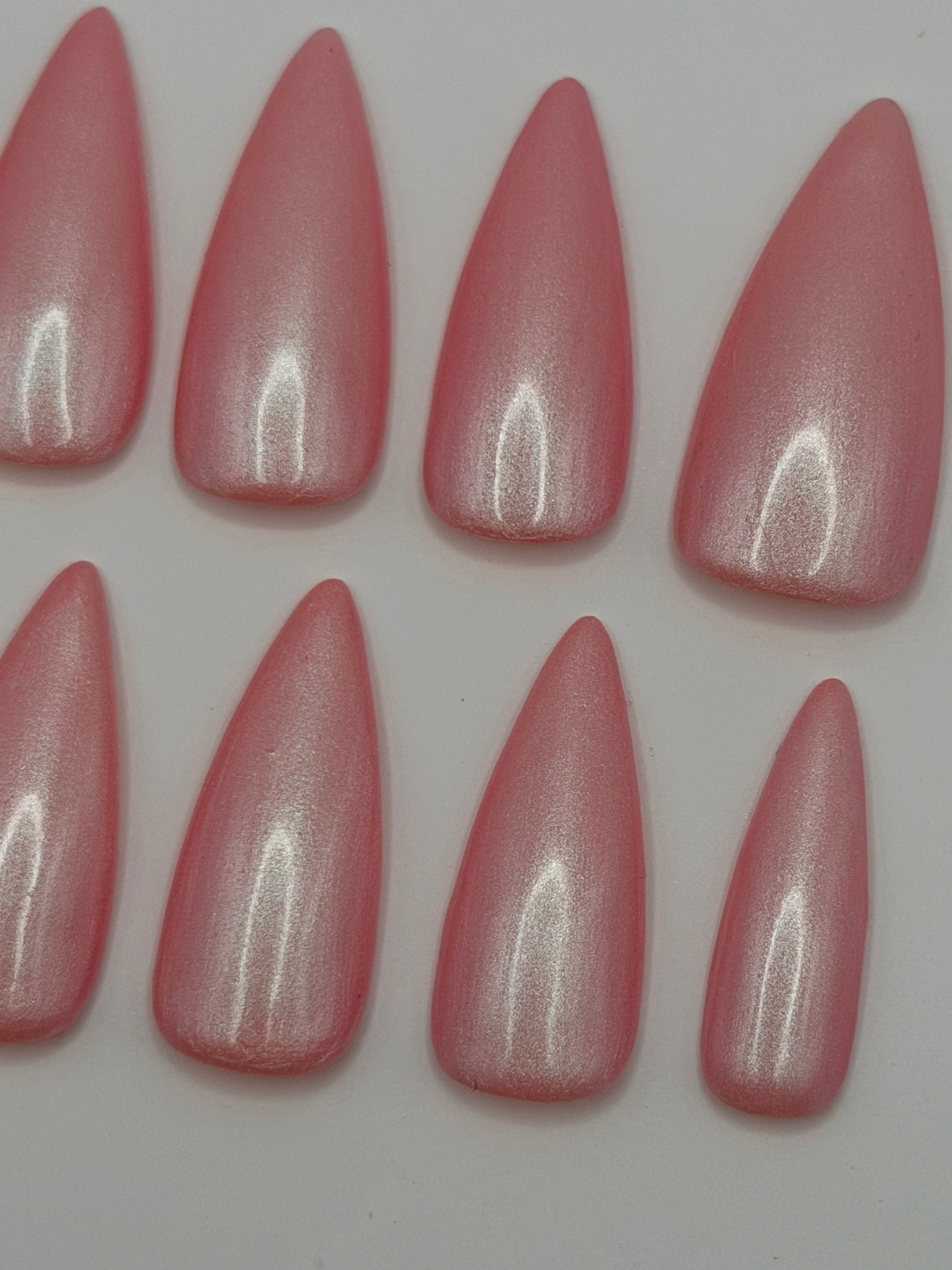 Cloud Nine press-on nails featuring Holo Taco's rosy pink pearly iridescent shimmer polish, painted by smll cnvs