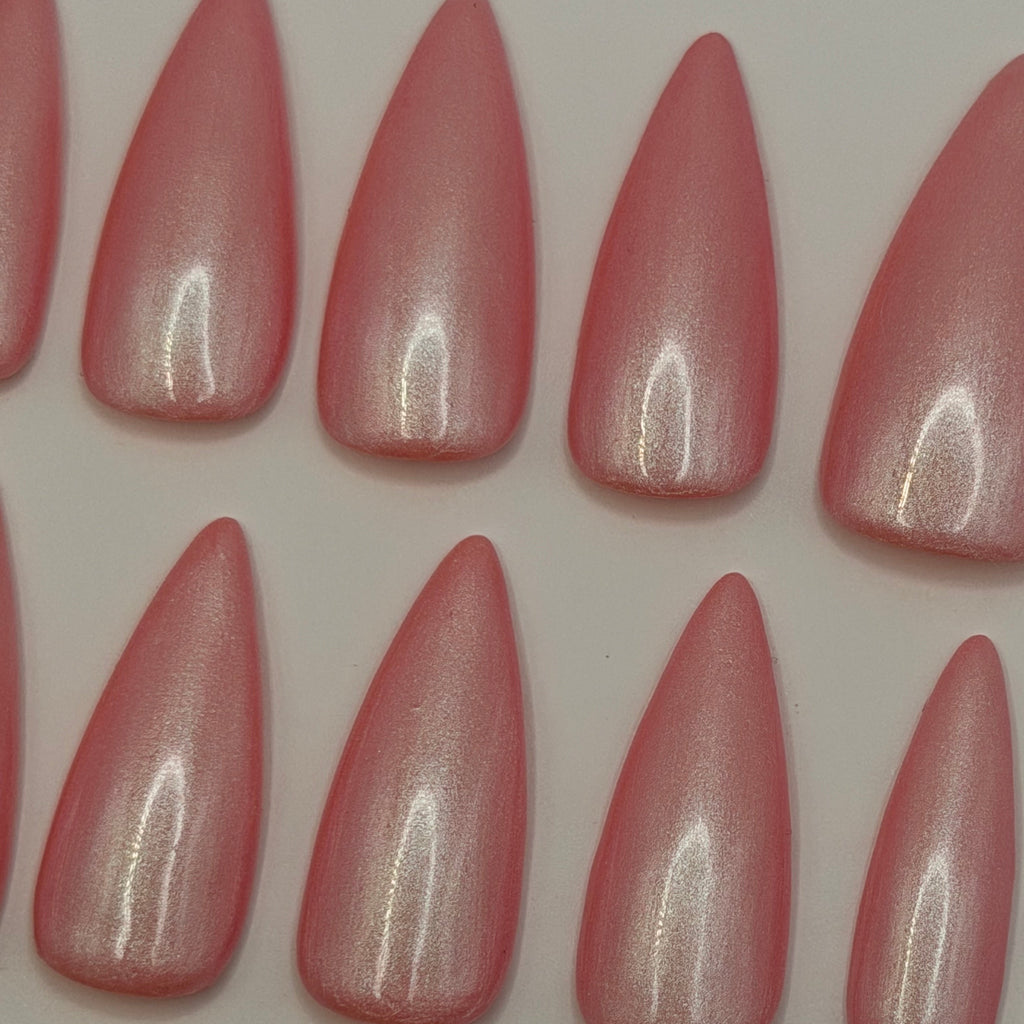 Cloud Nine press-on nails featuring Holo Taco's rosy pink pearly iridescent shimmer polish, painted by smll cnvs
