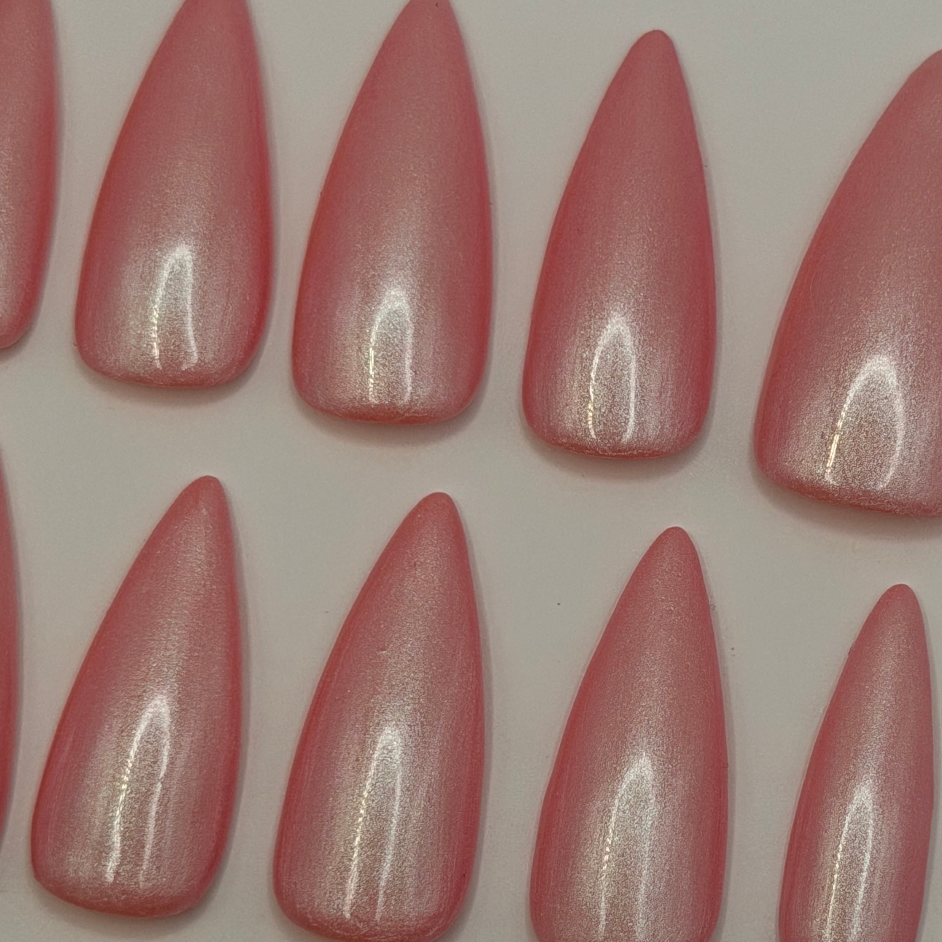 Cloud Nine press-on nails featuring Holo Taco's rosy pink pearly iridescent shimmer polish, painted by smll cnvs