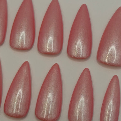 Cloud Nine press-on nails featuring Holo Taco's rosy pink pearly iridescent shimmer polish, painted by smll cnvs