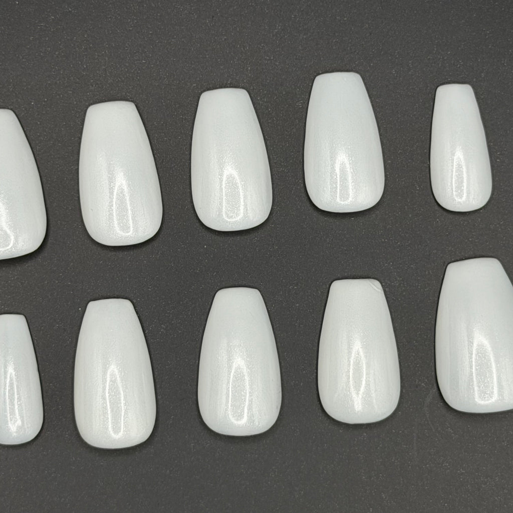 Milky White Shimmer press-on nails featuring Holo Taco's dreamy pearlescent white polish, painted by smll cnvs