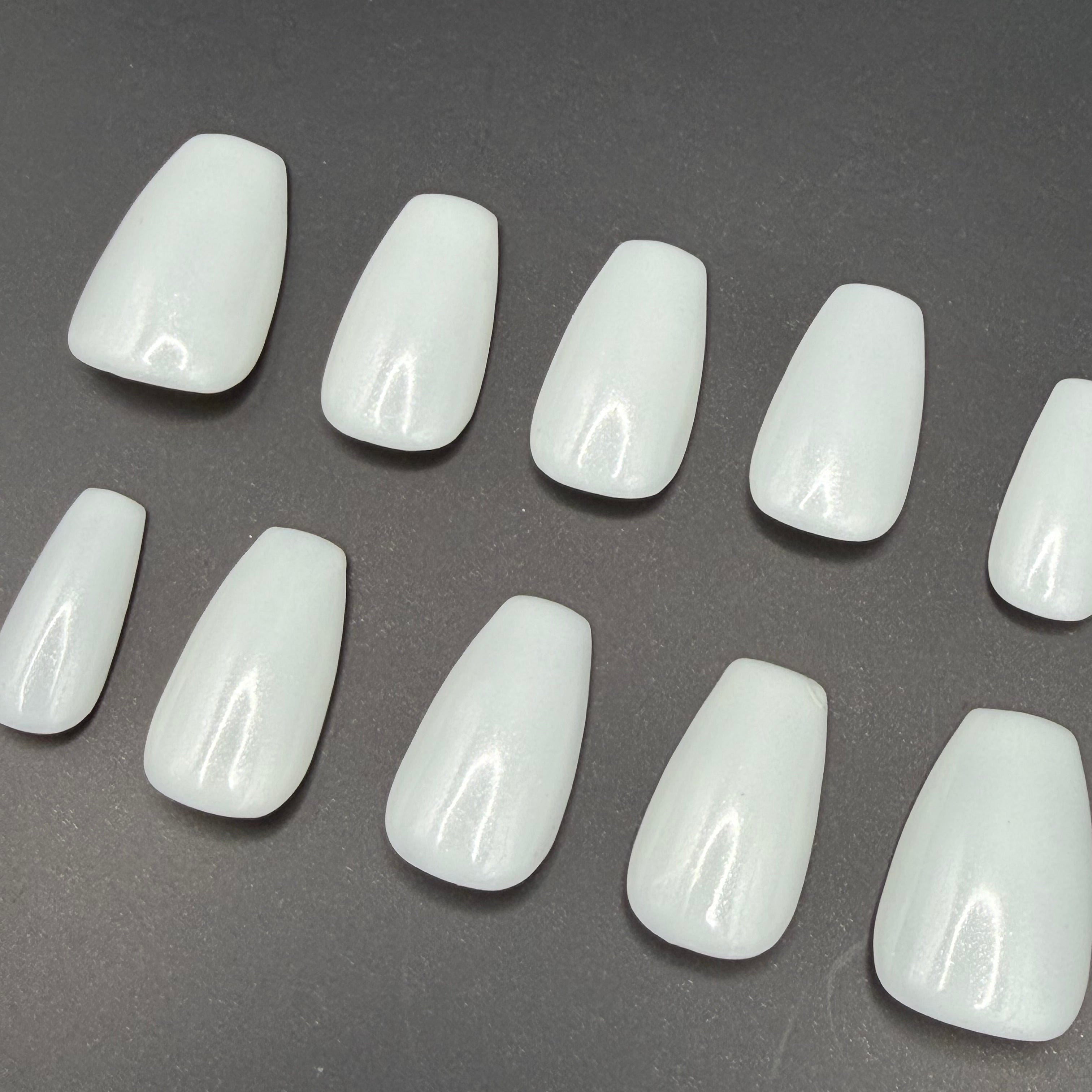 Milky White Shimmer press-on nails featuring Holo Taco's dreamy pearlescent white polish, painted by smll cnvs