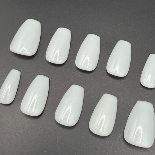 Milky White Shimmer press-on nails featuring Holo Taco's dreamy pearlescent white polish, painted by smll cnvs