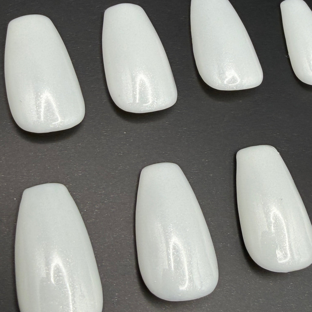 Milky White Shimmer press-on nails featuring Holo Taco's dreamy pearlescent white polish, painted by smll cnvs
