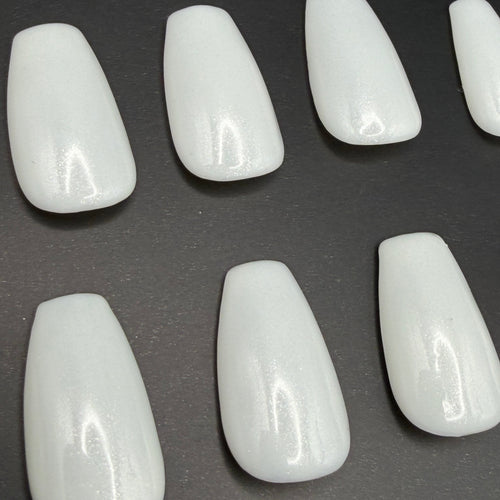 Milky White Shimmer press-on nails featuring Holo Taco's dreamy pearlescent white polish, painted by smll cnvs
